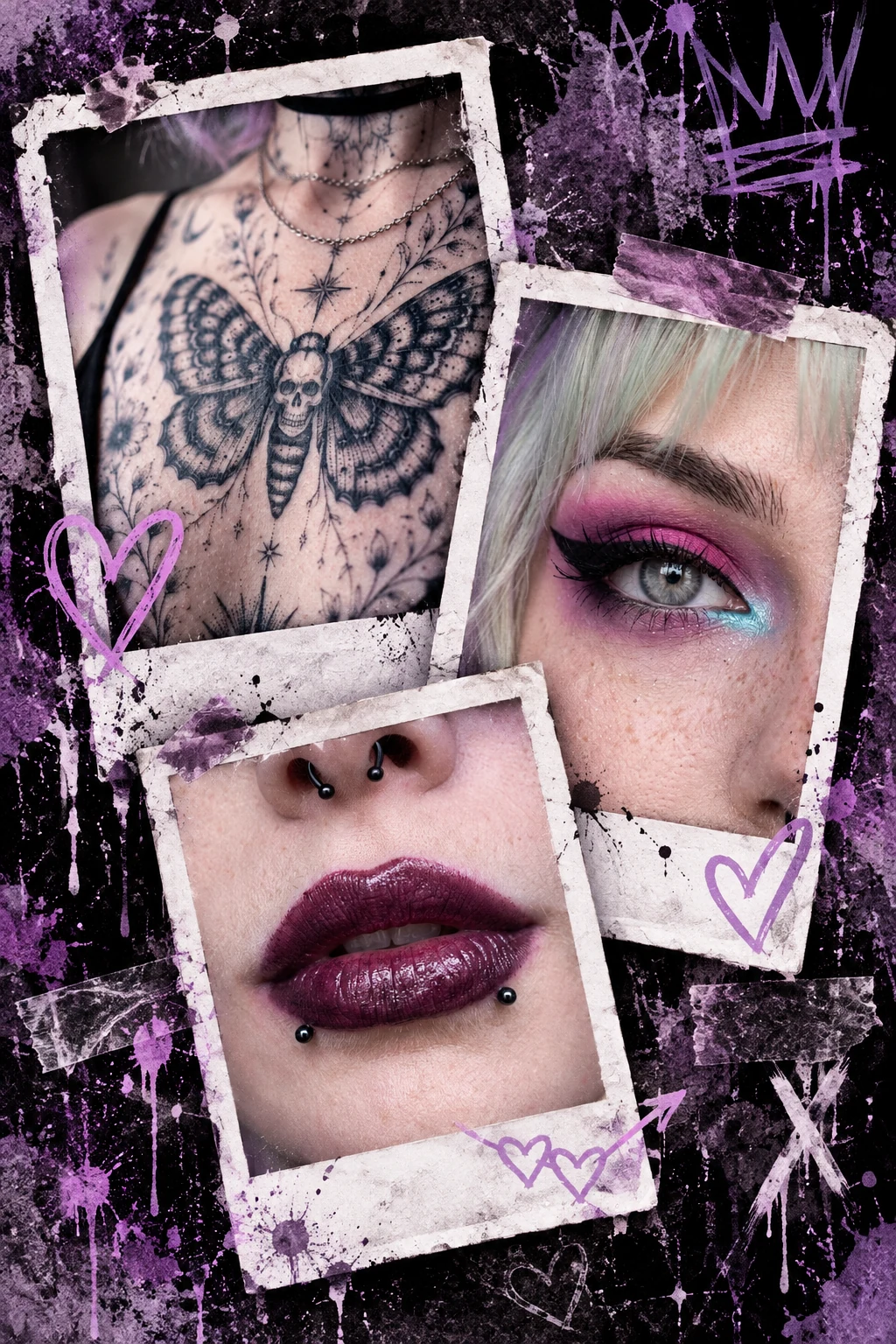 Drei Polaroids mit Hannahs Death-Moth-Tattoo, grauem Auge und dunklem Lippen-Make-up