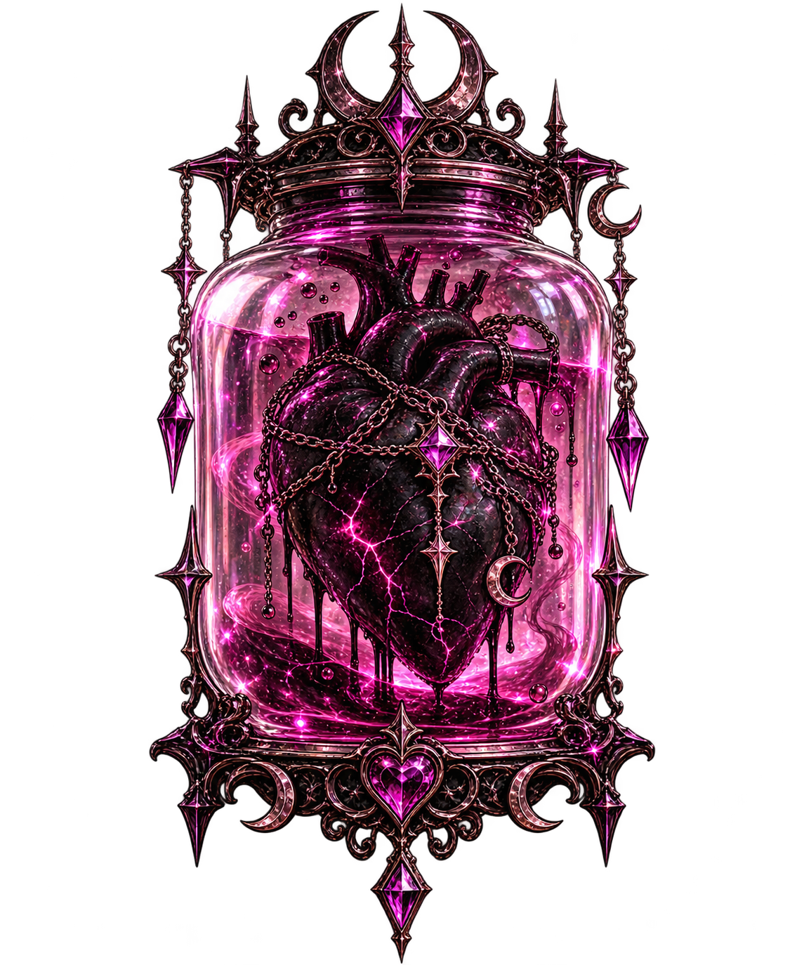 Gothic black heart in a glowing pink glass vessel