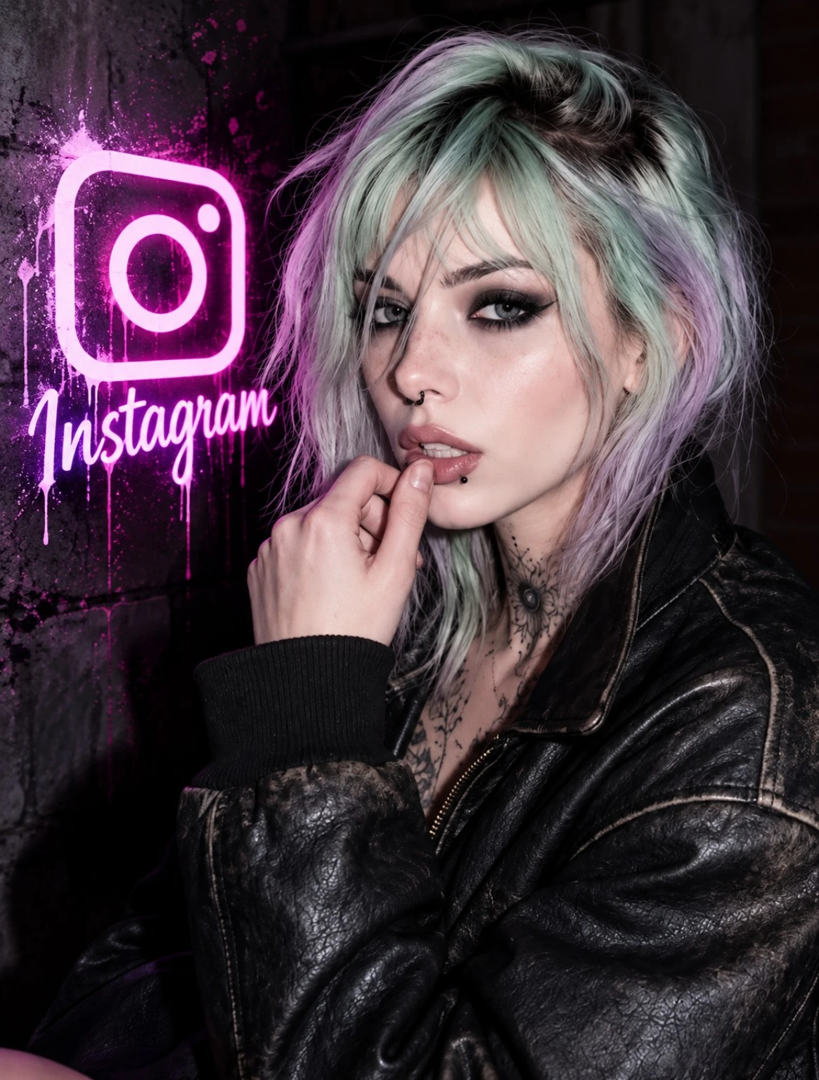 Hannah in a leather jacket beside a neon Instagram logo