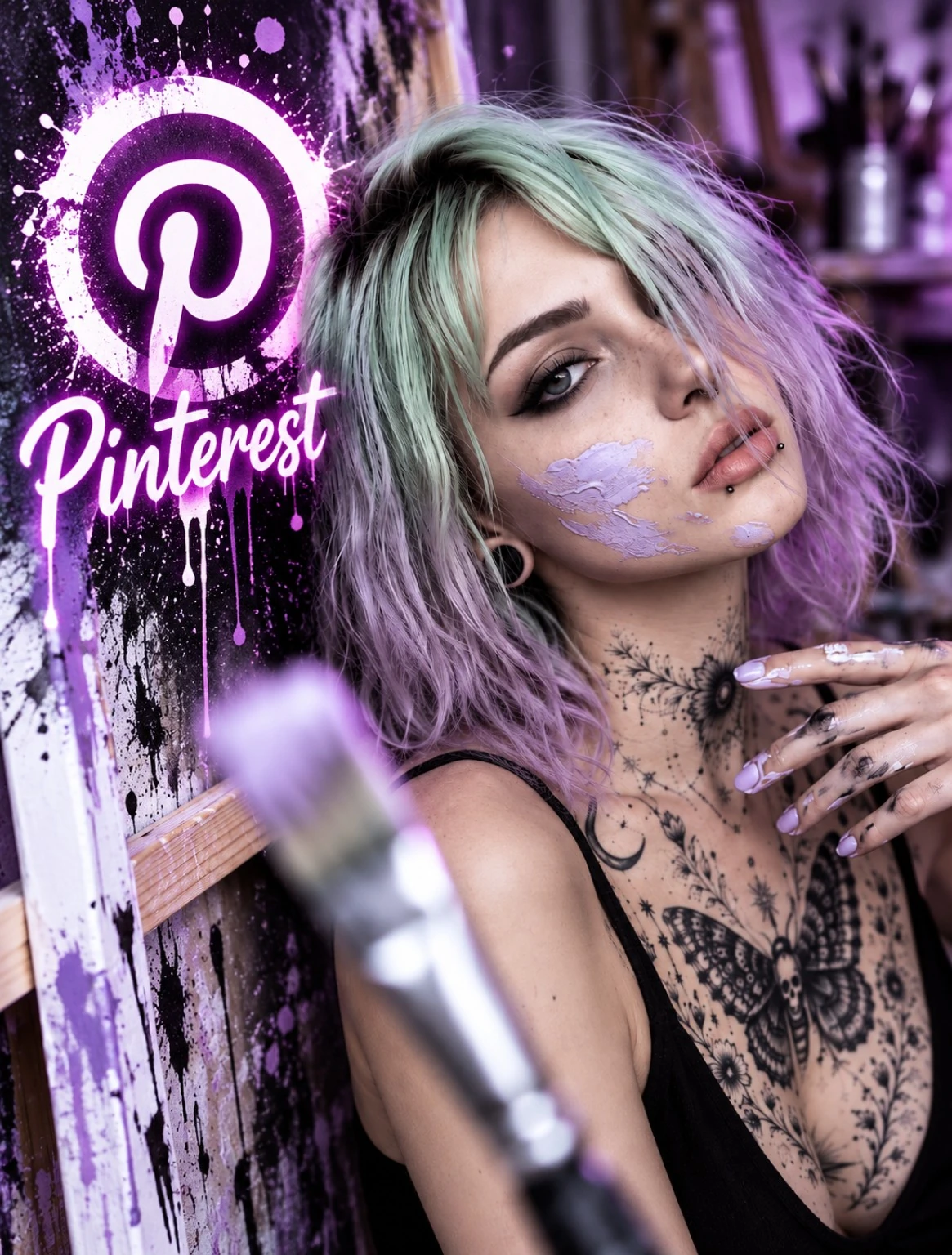 Hannah in an art studio beside a neon Pinterest logo